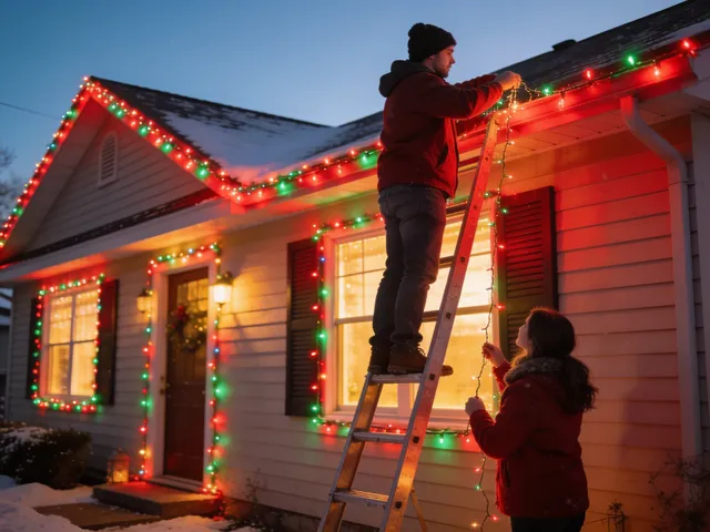 Putting up christmast lights in the winter