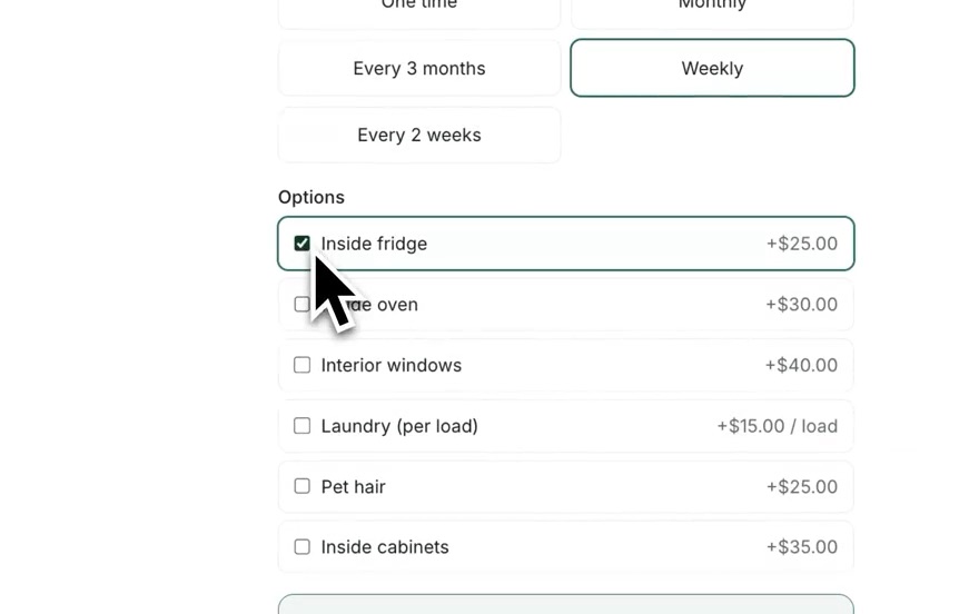 The Sorvius booking widget for a cleaning business: a customer picks a service and home size, ticks extras, and sees the instant price update.