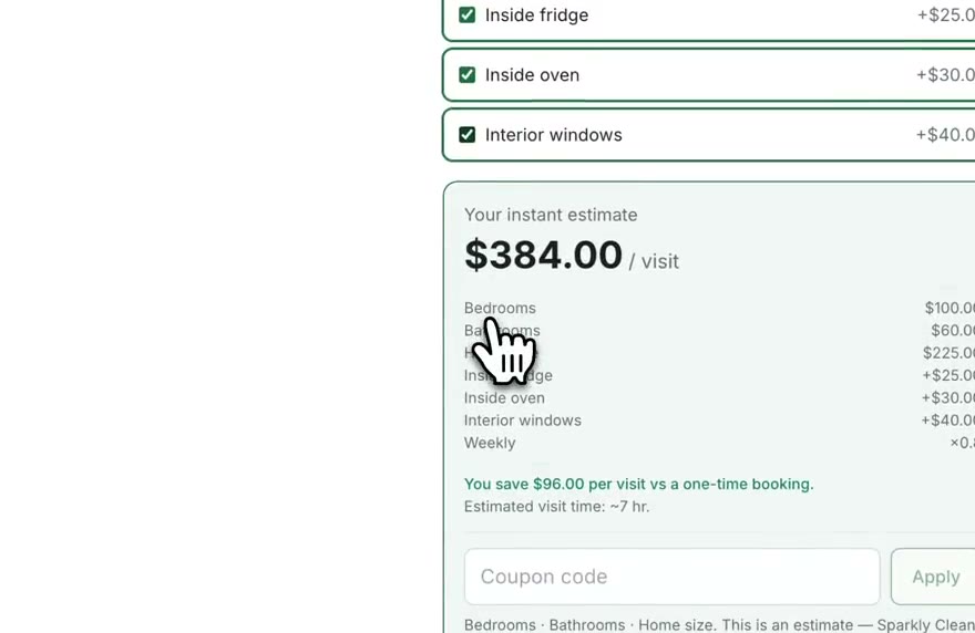 The Sorvius booking widget for a cleaning business: the customer enters bedrooms, bathrooms and home size, picks weekly visits, ticks inside the fridge, inside the oven and interior windows, and watches the per-visit price update.